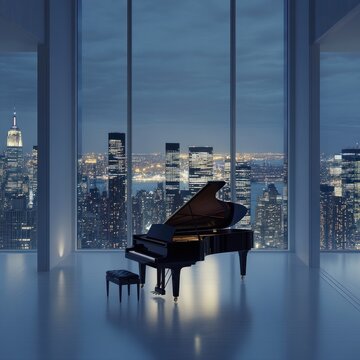 大钢琴映衬下的城市夜景