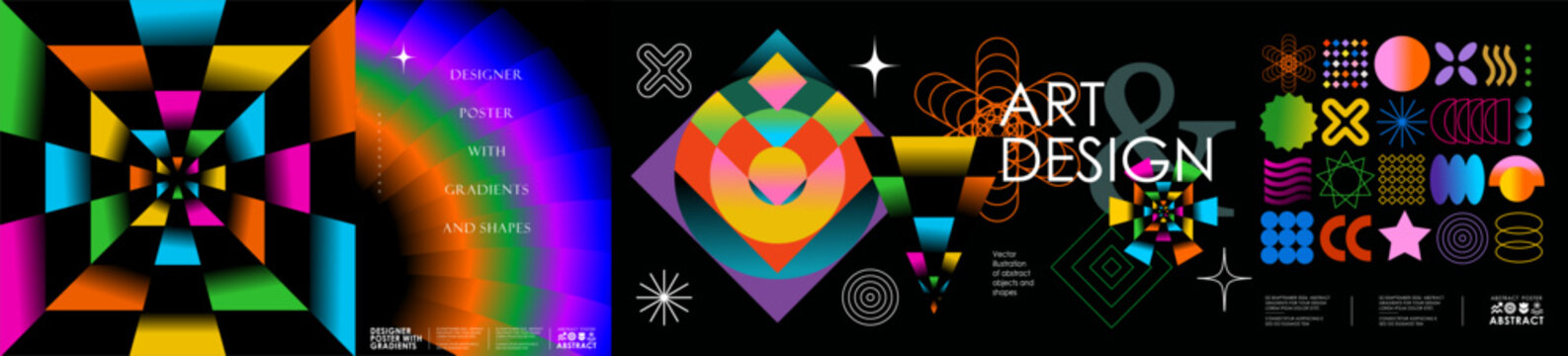 设计。抽象的现代物体。用于海报、数字艺术、品牌推广和现代创意项目背景的具有霓虹渐变、几何形状和鲜明3D效果的未来主义艺术