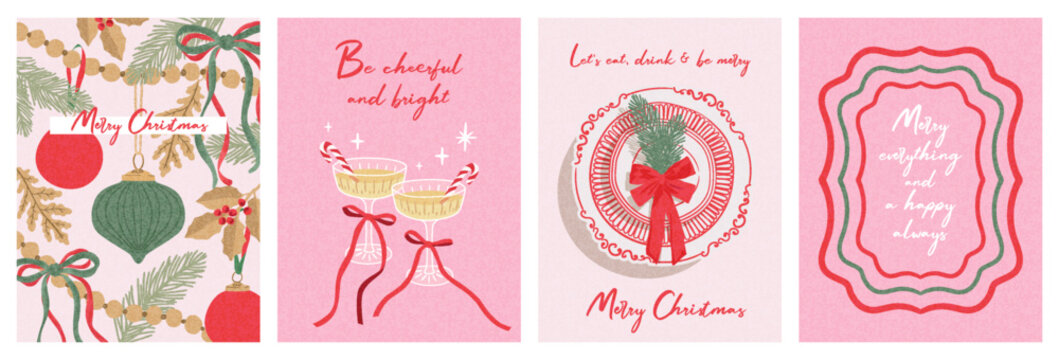 Merry Christmas greeting card Set. Beautiful Xmas design in trendy hand drawn style with frame, decorated Christmas tree, top view dinner plate with a fir branch and a red bow, glasses of champagne.