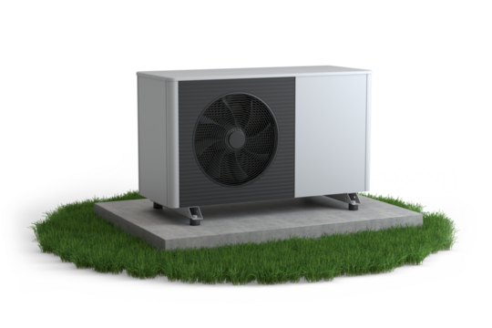 草地上的热泵机组，透明背景下的3D插图