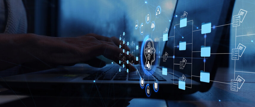 人工智能未来主义的文件管理器全息界面，带有文档和数据扫描的文件夹结构、数字文档存储软件、云数据库、搜索和管理文档、无纸化