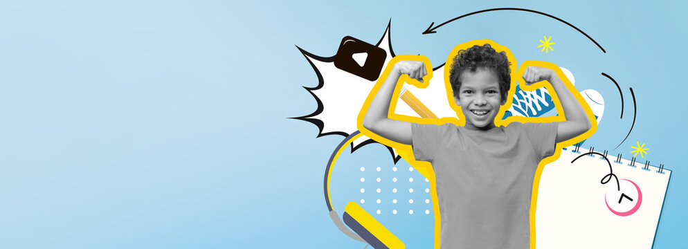 色彩鲜艳明亮的拼贴画展示了一个面带微笑的孩子在浅蓝色背景下展示肌肉。充满活力的图形元素为画面增添了活力与欢乐，营造出一种欢快有趣的氛围。