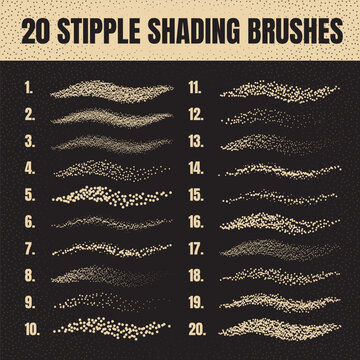水墨散点笔刷、点画与纹理绘制。渐隐渐变。点画、点绘、圆点明暗处理。半色调分解效果。白噪声颗粒纹理。矢量插画