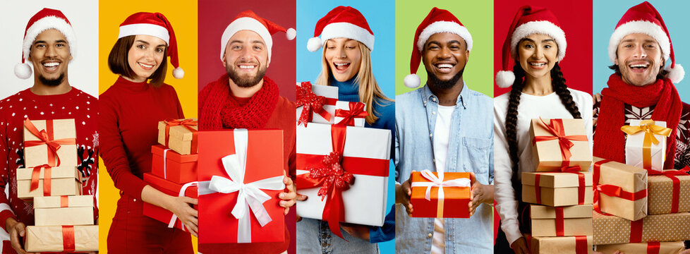 A group of happy individuals is dressed in festive attire, wearing Santa hats and holding wrapped gifts. The vibrant background creates a joyful atmosphere perfect for New Year celebrations.