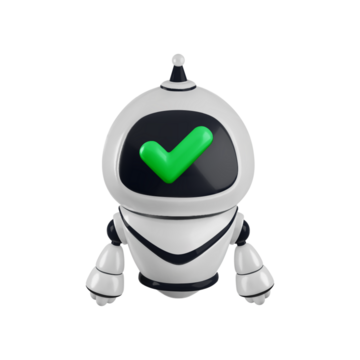 翻译标题：矢量卡通3D机器人认可图标。面部屏幕带有绿色对勾的逼真3D渲染机器人角色。安全获批的聊天机器人技术、智能机器人支持服务概念。