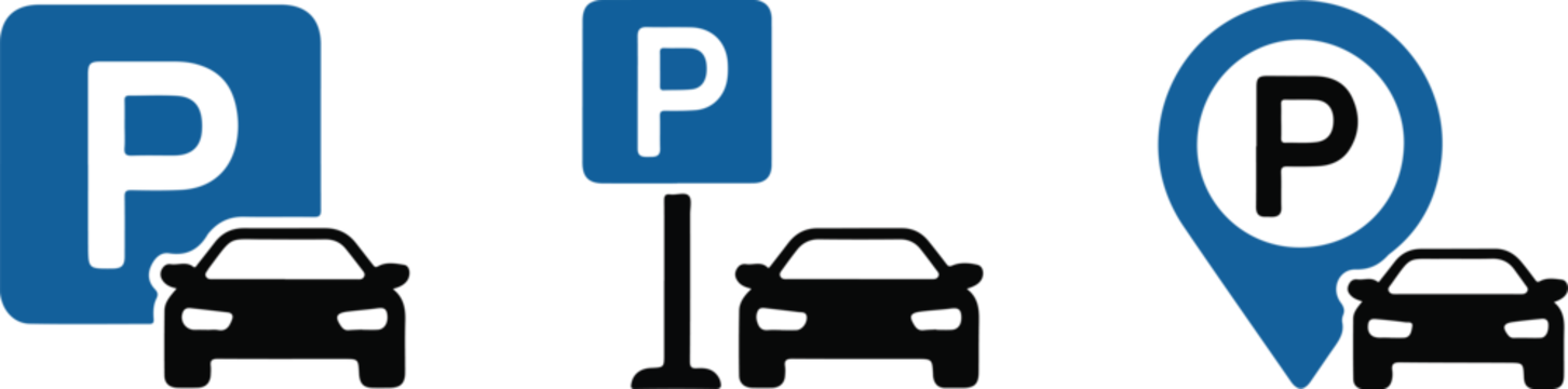 三种停车标志变体——方形、矩形和定位针图标，下方有汽车