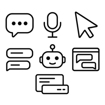 交互式助手轮廓图标集：聊天机器人气泡、语音图标、光标指针、智能回复框、人工智能代理头像、对话面板