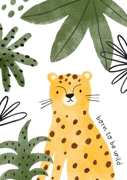 水彩 safari 动物可爱插画。手绘非洲野生动物角色设计。