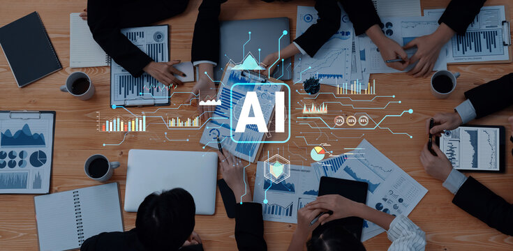 聚焦人工智能的动态会议展示专业人士分析数据、探讨策略，数字图形助力提升协作效率与洞见