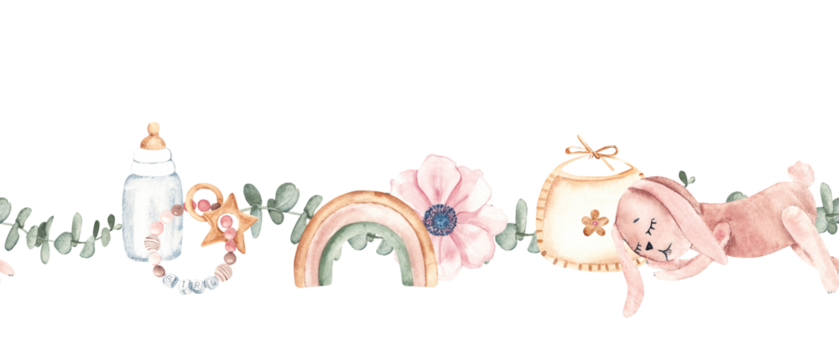 水彩女宝宝无缝边框图案，包含奶瓶、彩虹、花朵、围嘴和兔子玩具。手绘婴儿房设计，适用于宝宝派对邀请函或卡片。