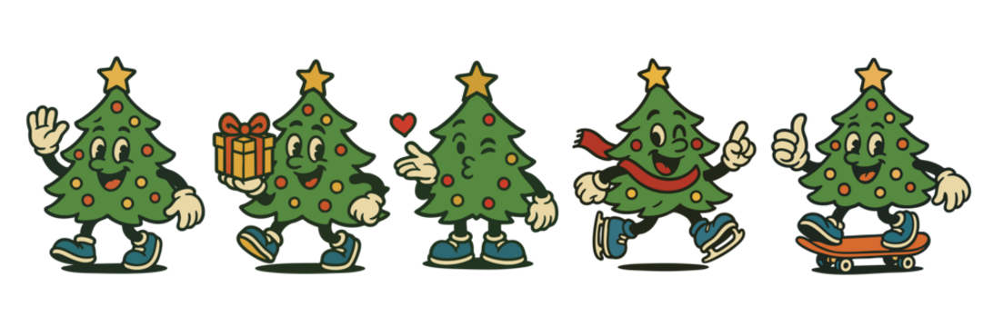 复古风格节日圣诞树复古吉祥物角色集