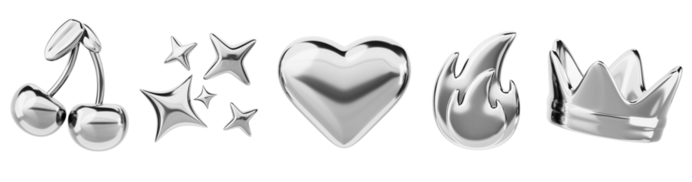 3D液态铬Y2K造型渲染图标集：复古未来主义美学风格的银色金属皇冠、樱桃、爱心、火焰与星星，铝或铂材质的抽象设计元素