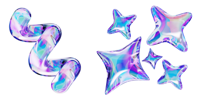 全息千禧年晶体星星与螺旋线。黑色背景上孤立的带有明亮霓虹渐变的液态玻璃充气3D形状。虹彩抽象几何元素渲染