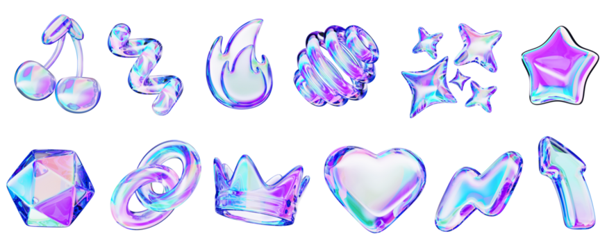 3D玻璃全息千禧年抽象形状集 - 心形、火焰、星星、樱桃、闪电、皇冠、链条、箭头、多边形、螺旋线、带霓虹渐变的球体，孤立于黑色背景上