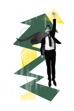 竖版拼贴画：年轻商人化身超人向上飞行 箭头象征进度增长 实现创业目标 手绘背景