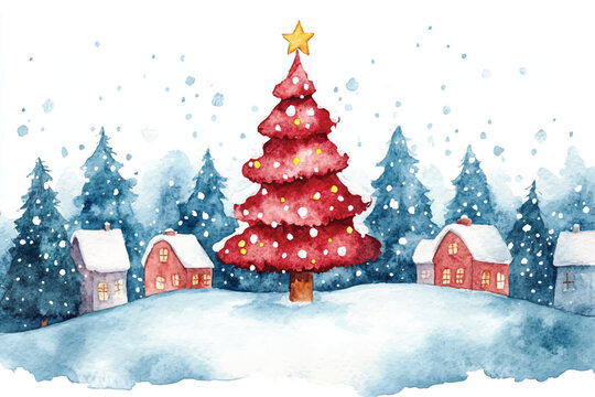 Watercolor Christmas houses landscape in snow, christmas house scene, pine tree, Countryside watercolor landscape illustration of winter