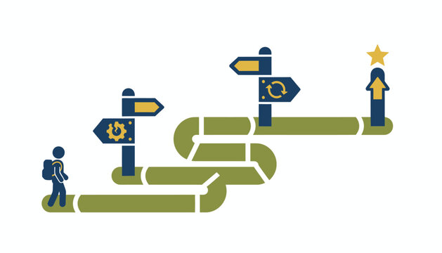 一个人走在一条充满挑战的蜿蜒小路上，途中有多个决策点和流程步骤，朝着代表目标或目的的星星向上行进。