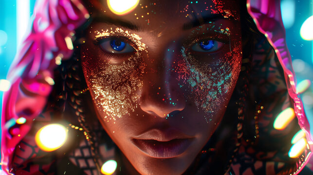 翻译标题：一位有着独特闪亮妆容的美丽女孩，散发着自信与时尚气息。