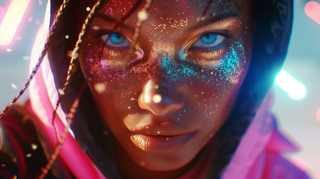 一位有着独特闪亮妆容的美丽女孩，散发着自信与时尚气息。