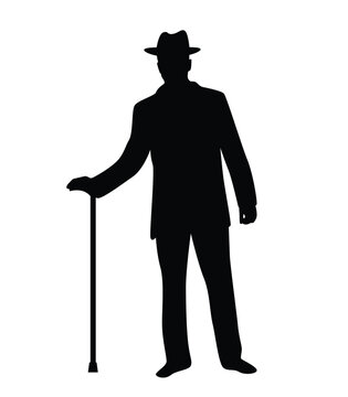 白底隔离的身着大衣、持手杖戴帽子的绅士剪影——人物活动、历史复古时尚矢量艺术