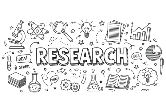 带有涂鸦的科学研究概念：显微镜、图表、灯泡和书籍