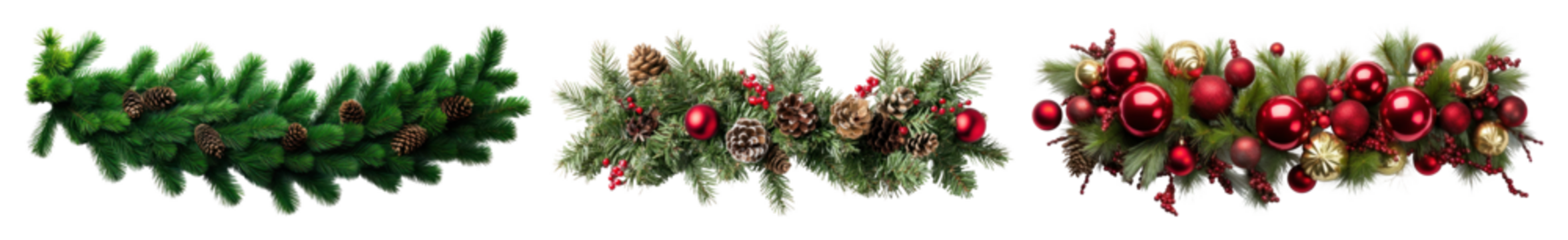 带有红色饰品的PNG节日花环，透明背景元素集