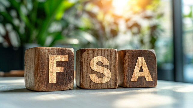 简约场景：亮白色桌子上摆放着拼出“FSA”字样的木块，在干净、现代的环境中象征着灵活支出账户、储蓄、医疗保健和投资。