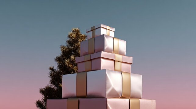 堆叠的三个系着金色丝带的礼盒。这些礼盒呈金字塔状排列，顶部的盒子比底部的略高。