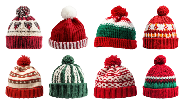 PNG格式的彩色针织冬季帽子系列元素集，透明背景