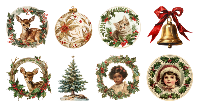 PNG Vintage Christmas holiday decoration collection, element set on transparent background