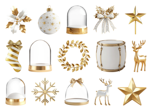 PNG格式精美金色圣诞装饰品合集，透明背景元素集