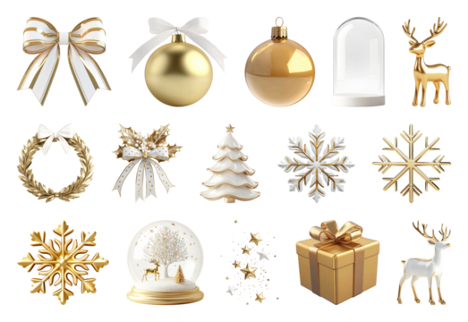 PNG格式优雅节日金色圣诞装饰品元素集，透明背景