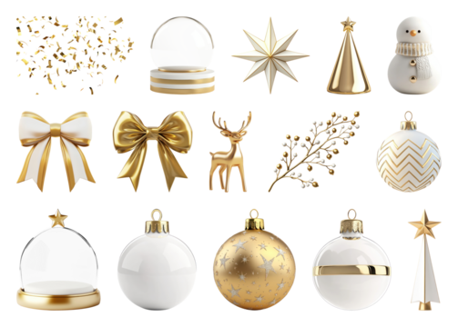 PNG格式精美金色圣诞装饰品合集，透明背景元素集
