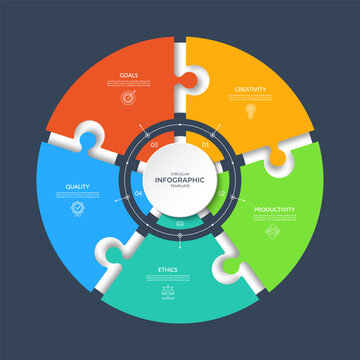 拼图风格的信息图表圆形，含5个部分、步骤或环节。矢量圆形图表、循环图，可用于演示文稿、报告、宣传册、网页、数据可视化及教育内容。