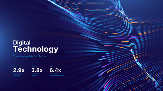 带有神经网络粒子和数字流线的大数据技术流程背景。未来主义数据科学概念。科技商业演示或年度报告模板。矢量插画