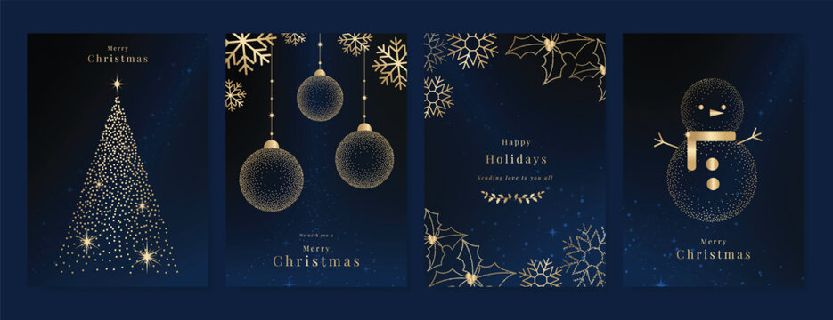 圣诞及节日快乐贺卡矢量素材集。奢华金色维多利亚风格边框，枝叶、花卉、星星、雪花置于深蓝色背景上。适用于海报、封面、邀请函、广告的设计插图。
