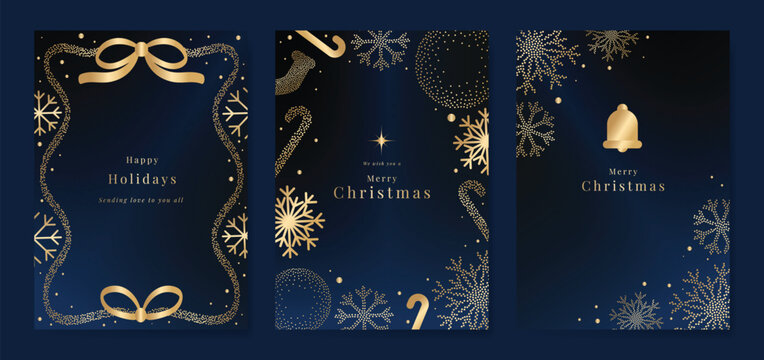 Christmas and Happy Holidays card vector set. Luxury gold victorian frame, leaves branch, flower, star, snowflake on navy blue background. Design illustration for poster, cover, invitation, ads.
