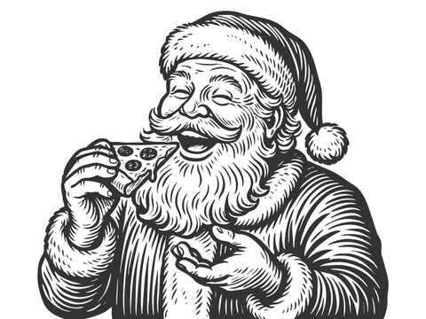 Santa Claus joyfully eating a slice of pepperoni pizza sketch engraving generative ai fictional character vector illustration. Scratch board imitation. Black and white image.