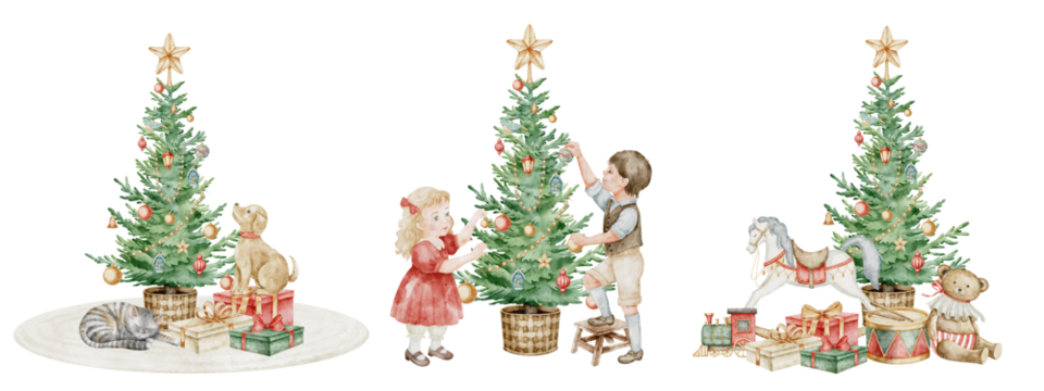 Watercolor Christmas tree set with toys, gifts, and children. Illustration of spruce or pine for festive Xmas greeting cards or New Year invitations. Art of holiday interior scenes for vintage poster.