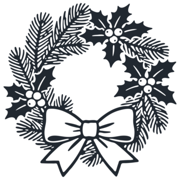 带有松枝、冬青和节日蝴蝶结的传统圣诞花环。经典单色木刻或油毡浮雕印花风格的简约矢量图标。