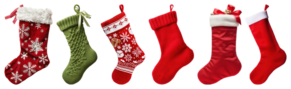 PNG格式的节日圣诞长袜系列，透明背景元素集