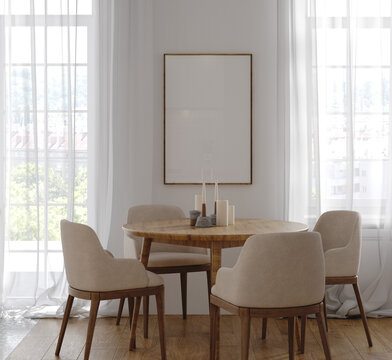 斯堪的纳维亚风格温馨亮色调厨房内饰框架模型，3D渲染