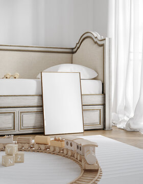 儿童房模拟框架，斯堪的纳维亚风格室内背景，3D渲染