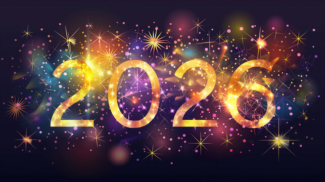 colorful new year background with golden, glowing text "2026" on dark, black-purple color, stars and  colorful light effect around the numbers. web banner design, card, or poster template. new year ce