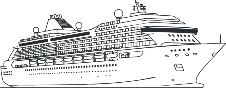 一幅展示大型游轮在海洋上的设计与特色的插画