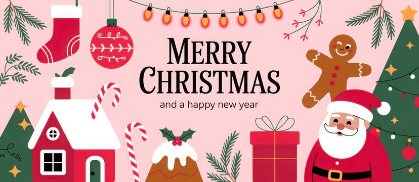 带有传统圣诞元素的横向圣诞横幅