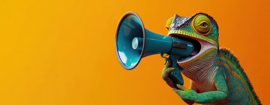 翻译标题：色彩斑斓的变色龙拿着一个蓝色扩音器对着它讲话，背景是明亮的橙色，传达出沟通与警觉的意味
