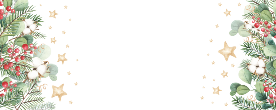 喜庆圣诞绿植、红色冬日浆果、雪松、翠绿松树、云杉水彩边框。冬日别致婚礼或新年派对邀请卡。手绘，白底孤立