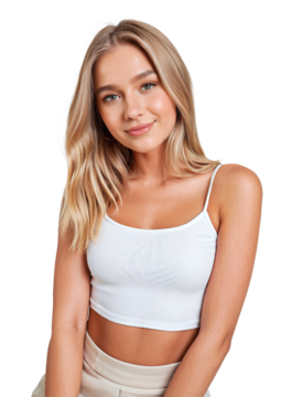 一位时尚的金发女子半身像，身着白色露脐上衣和裤子，背景分离且透明，无背景。PNG格式