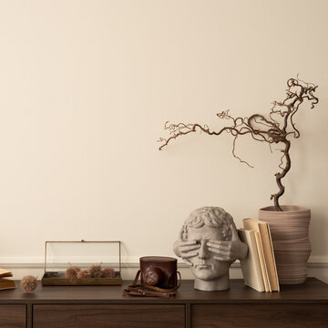 温馨客厅内饰设计，配有木质餐具柜、插着树枝的花瓶、书籍、现代雕塑、带灰泥的米色墙壁以及个人装饰品。家居装饰模板。